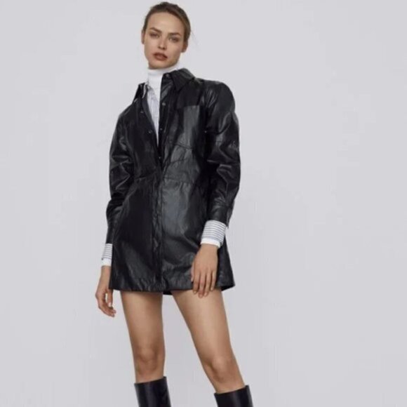 ZARA faux leather black button-down shirt dress - Picture 1 of 7